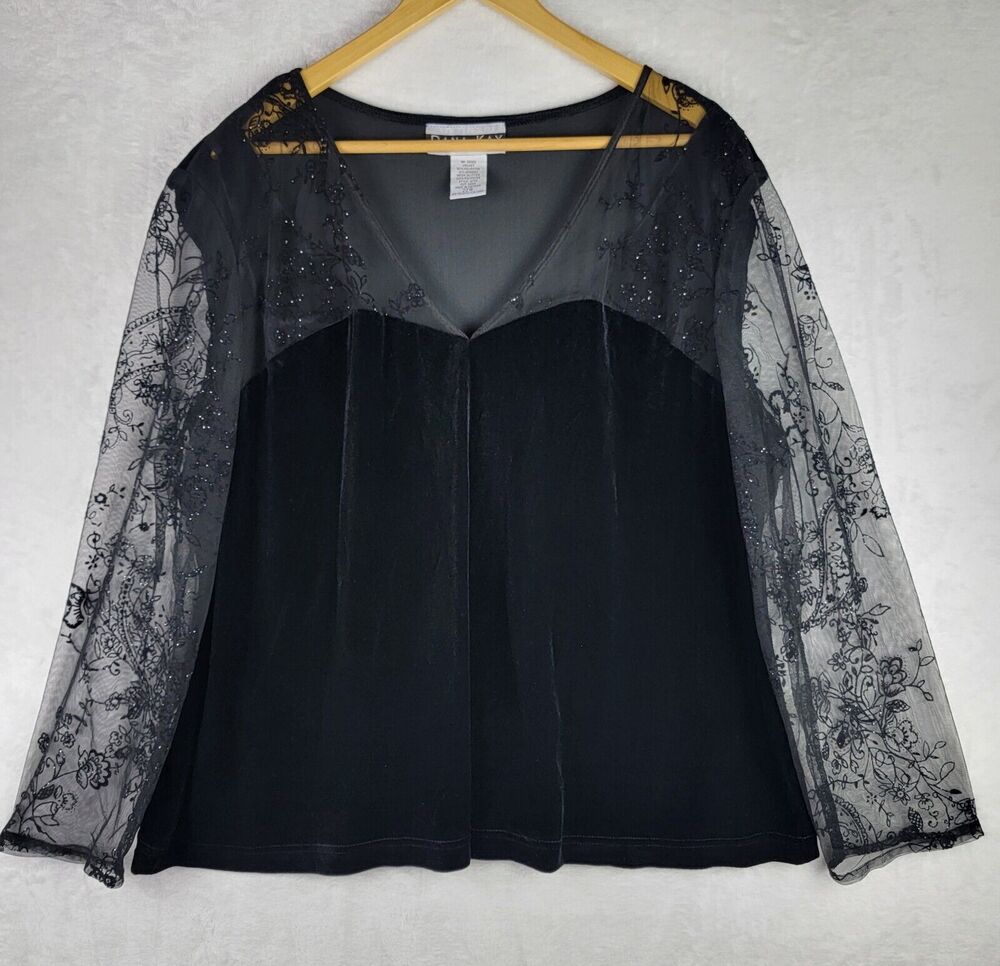 Dana Kay Top Black Velvet Sheer Embroidered Sleeve Pullover 22W Whimsigoth Boho